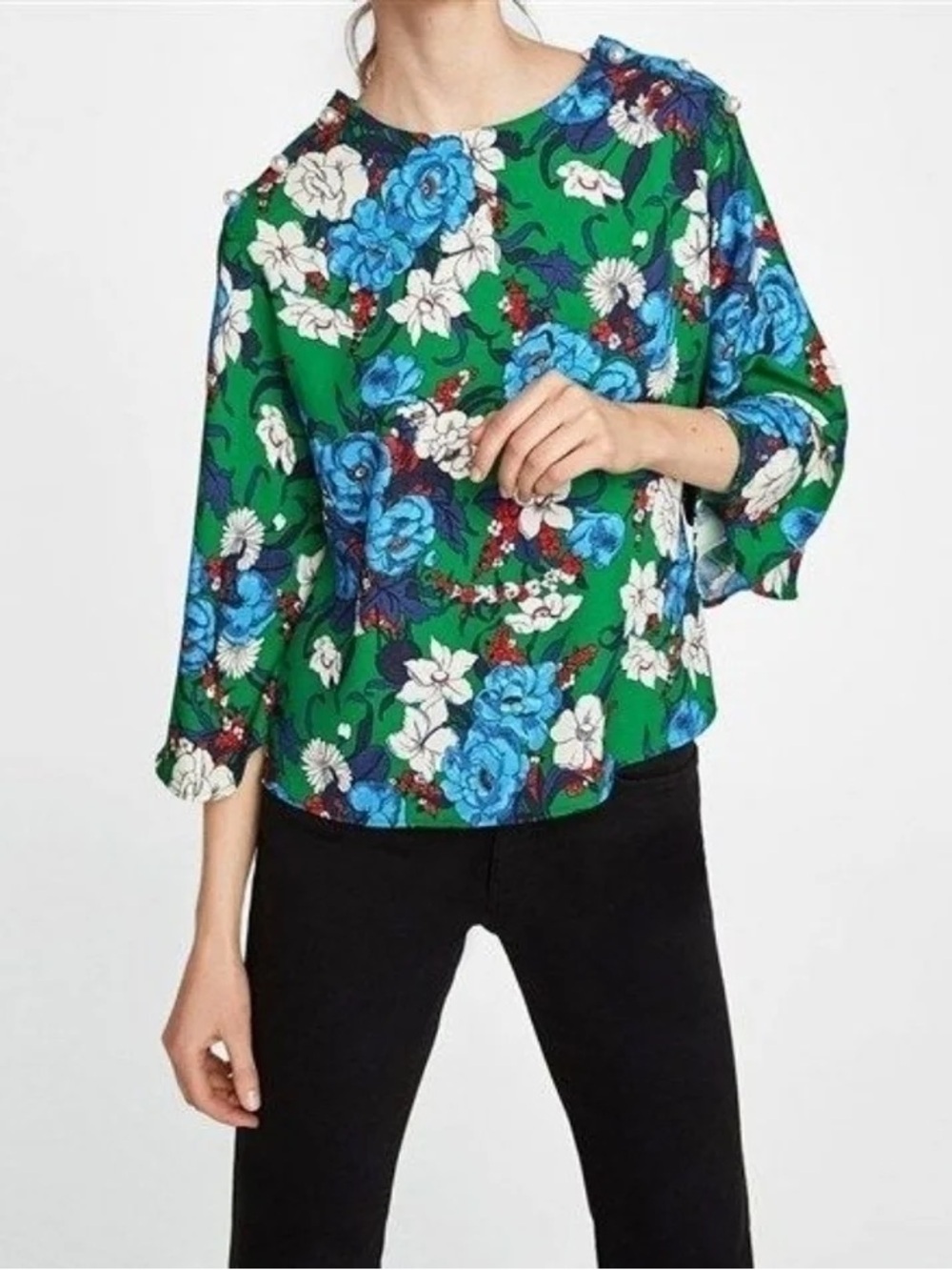 Zara Basic Floral Blouse Green Multi Pearl Bell Sleeve Vibrant Small Women’s
